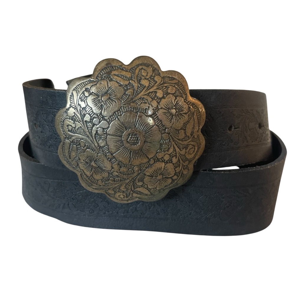 Black Italian Leather Pressed Belt Silver Floral Buckle Western Boho Medium